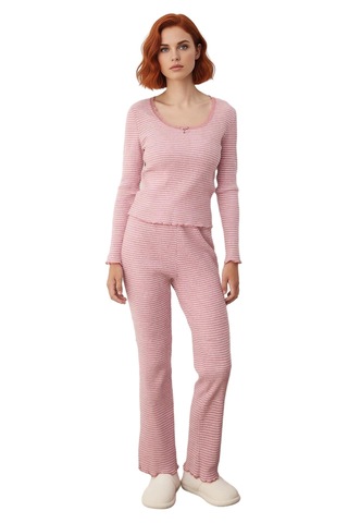Ersefa Kadın Çizgili Kaşkorse Pijama Takımı Dantel Detaylı Fonksiyonel D Pembe