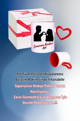 Sonsuz Aşk Baskılı Kalpli Kırmızı Kupa Bardak Çay Kahve Fincanı Beyaz