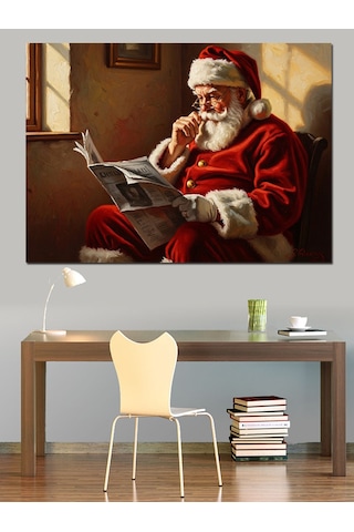 Gazete Okuyan Noel Baba Figürü Dekoratif Kanvas - Mdf Ahşap Tablo