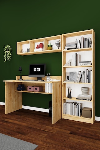 Asra Trend Çalışma Masası Seti ÇMT001 %100 MDF Kitaplıklı Raflı Ofis Takımı Safir Meşe
