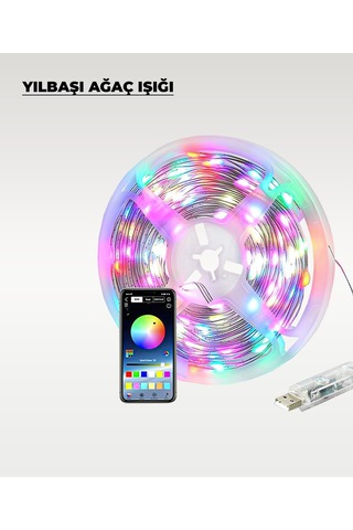 Yılbaşı Ağacı Şerit Led - 10 Metre- Telefondan Kontrol - Ses Duyarlı 5 METRE