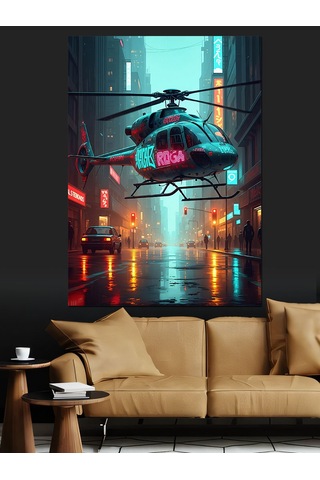 Ahşap Tablo Gece Şehri Ve Helikopter Figürü