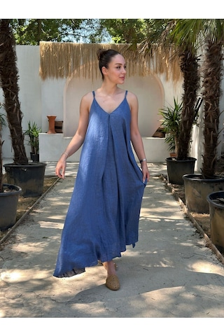 Yazlık Keten Askılı Oversize Elbise Mavi