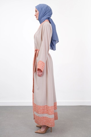 Pureva Garni Detaylı Kuşaklı Keten İkili Kimono - Bej/oranj Çok Renkli