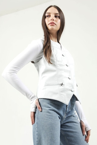 Dericlub Dc-001 Hakiki Deri Kadın Yelek Beyaz