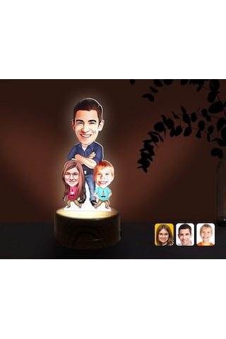 Kişiye Özel Baba Kız Oğul Karikatürlü Dekoratif 3D Biblo Led Işık