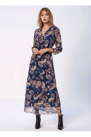 Kadın V Yaka Astarlı Uzun Truvakar Kol Çiçekli Tül Şık Maxi Boy Elbise Lacivert