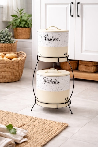 Decorev 2 Katlı Kulplu Patates Soğanlık Metal Patates Soğan Kovası Sebzelik Sepeti Krem