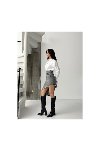 Kene Jeans Kadın Etek Püsküllü Asimetrik Kot Etek Gri