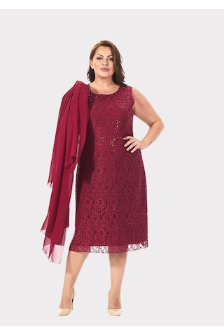Lilas Xxl Büyük Beden Bordo Renkli Dantelli Dantelli Şifon Ceketli Abiye Elbise