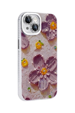 Apple Uyumlu iPhone 14 Kılıf Çiçek Desenli Parlak Taşlı Sert Silikon Tchs Garden Kapak - Mor Mor