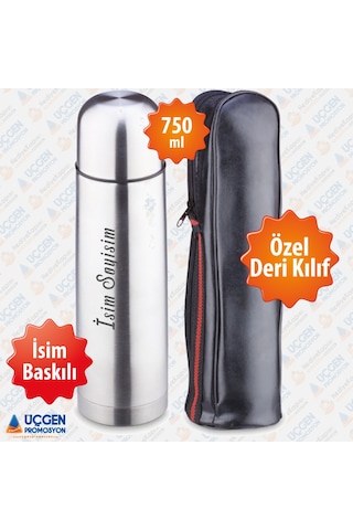 500-750ml Fermuarlı Deri Kılıflı Metalik Gri Termos 750Ml