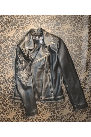 Nyc Giyim Tekstil & Deri Hakiki Deri Kadın Ceket Slim-fit Biker Şeytan Figürlü Mont Siyah - Kahverengi