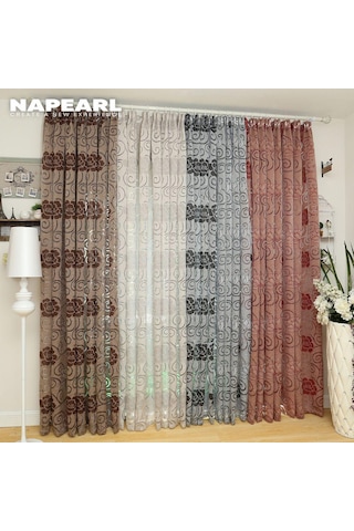 1 Adet Napearl Çiçek Klasik Jakarlı Kanca Tipi Pencere Perdesi Kısa Tül W100cm X L130cm Kahverengi