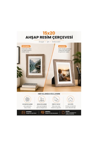 15x20 Ahşap Resim Çerçevesi Masaüstü Ve Duvara Asılabilir Fotoğraf, Poster Ve Sertifika Çerçevesi Doğal Ahşap Görünümlü 14021586