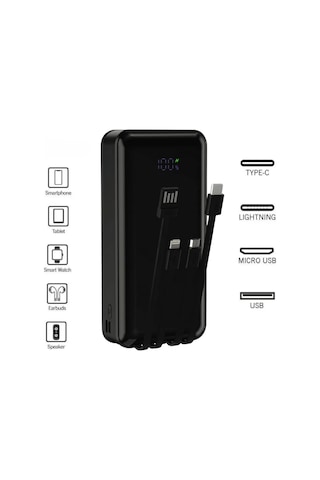 20.000 Mah Çoklu Kablolu Dijital Gösterge Powerbank Şarj Aleti 1x Usb Çıkışlı Powebank 20.000 Mah