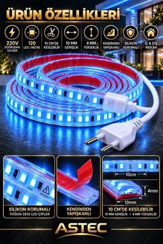 Astec Yapışkanlı 100 Metre Mavi 220v Silikonlu Şerit Led Yüksek Güç Tak Çalıştır İç Dış Mekân Su Geçirmez