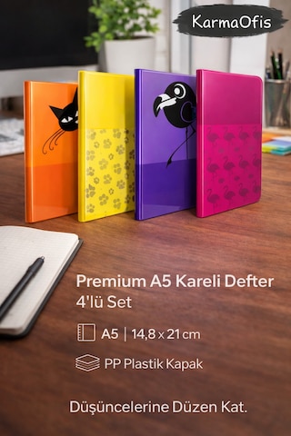 Premium A5 Kareli Defter 4 Lü Set Pp Plastik Kapak, Dayanıklı Ve Şık Tasarım