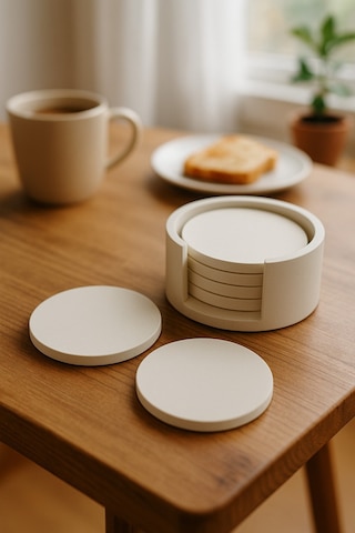 Minimalist Beton Bardak Altlığı Seti - 4 Lü Mat Beyaz Yuvarlak Tasarım & Stand Dahil Beyaz