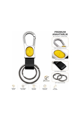 Premium Taşlı Karabina Kancalı Deri Anahtarlık - Sarı Reflektörlü & Çift Halkalı Gri