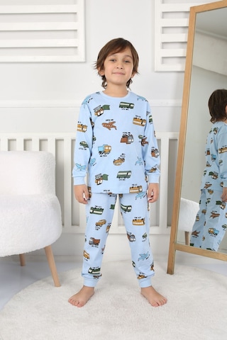 Zuzunga Transportation Veichle Desenli Çocuk Pijama Takımı Alt-üst Bej 3-8 Yaş Mavi
