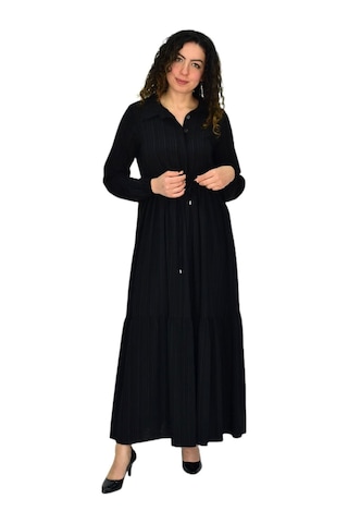 Kadın Uzun Kol Lastikli Kabartma Çizgili Elbise Bgl-st04676 siyah