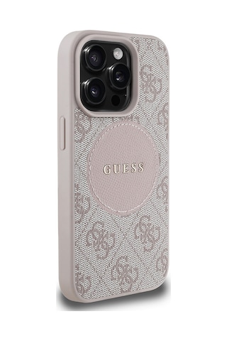 Apple Uyumlu iPhone 15 Pro Max Kılıf Guess Lisanslı Magsafe Şarj Özellikli Yazı Logolu Circle Classic Kapak Pembe