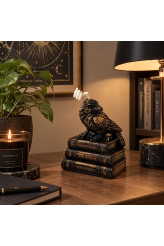 Gotik Kuzgun Tasarım Mum - Kitap Kurukafa Kaideli Siyah Gold Halloween Obje Altın - Siyah