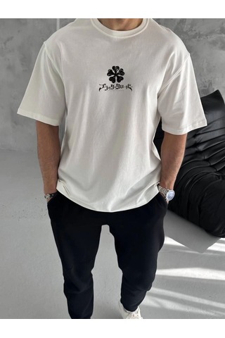Erkek Kısa Kol Tişört Bisiklet Yaka Yonca Baskılı Oversize T-shirt - Beyaz