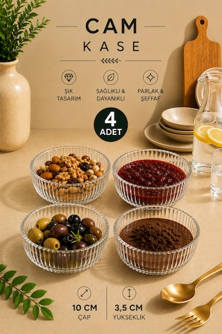4 Adet Astello Çok Amaçlı Cam Kase Çerezlik Kahvaltılık Set Yuvarlak Sunumluk 10 Cm Şeffaf