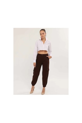 Kene Jeans Paça Lastik Kargo Cep Keten Mom Pantolon Kahverengi