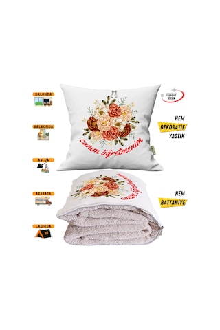 Öğretmenler Günü Hediye Çiçekler Tv Battaniyeli Opsiyonel Dekoratif Yastık Kırlent 2in1 Battaniye Çok Renkli