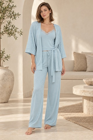 Loule Kadın Su Yeşili Çizgili Pamuk Sabahlıklı Pijama Takımı