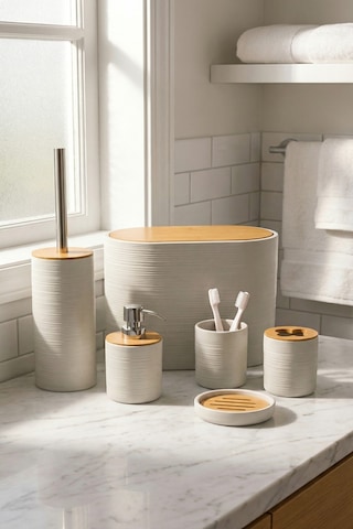 Makri Home 6 Parça Krem Banyo Seti, Bambu Detaylı, 8l Çöp Kovası 24x26x16 Cm