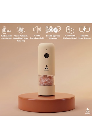 Pizen Windmill Usb Şarjlı Otomatik Baharat Öğütücü Led Işıklı Ayarlanabilir Tuz Karabiber Değirmeni Bej