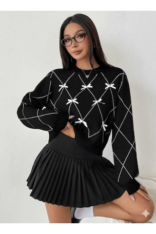 Sayzen Your Shine Baklava Desenli Kurdele/fiyonk Detayli Triko Kazak Sy-001kzk-gri Siyah