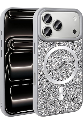Apple Uyumlu iPhone 17 Pro Kılıf Pırlanta Tasarımlı M-safe Şarj Özellikli Mozaik Silikon Kılıf Titanyum-gri