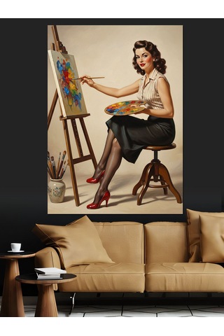 Ahşap Tablo Ressam Kadın Fırça Boya
