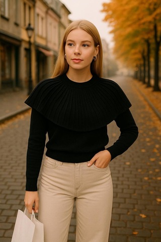 Hira Life Fashion Kadın Fırfır Detaylı Kısa Kazak Siyah Siyah