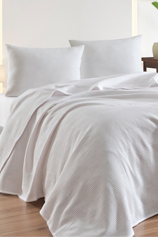Eponj Home Battal Boy %100 Pamuk Pike Örtü 230x240cm Karo Desenli Beyaz Weave Serisi Beyaz