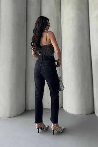 Kadın Antrasit Yırtık Detaylı Mom Jean Yüksek Bel Rahat Kalıp Denim Pantolon