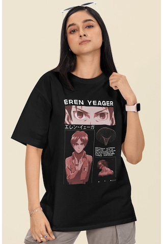 Sevbano Tasarım Eren Yeager Baskılı Unisex Oversize Attack On Titan Anime Siyah
