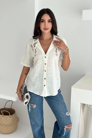 Asprin Fashion Omzu Dantel Detaylı Gömlek Beyaz