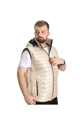 Mode Xl Büyük Beden Erkek Yelek Kapitone Kapüşonlu 22600 Ekru 001