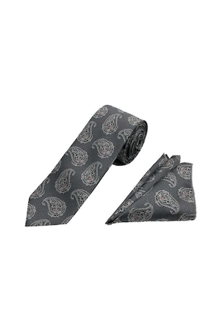 Brianze 7 Cm Gri Siyah Şal Desen Kravat Mendil Set Gri - Siyah