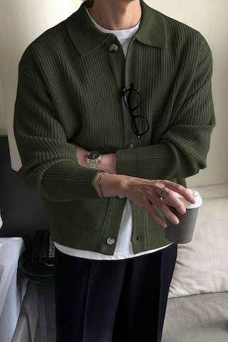 Serablanka Erkek Polo Yaka Oversize Triko Hırka Haki