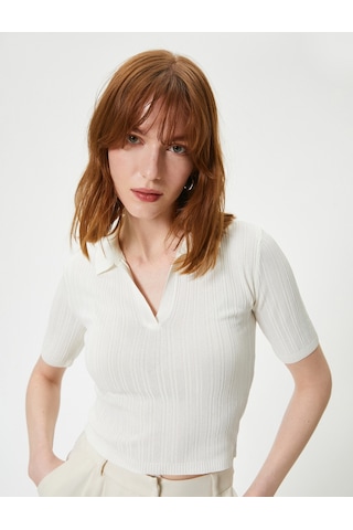 Koton Polo Yaka Kazak Triko Crop Kısa Kollu Ekru 4sak90144ht Ekru