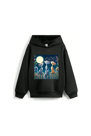 Stil X Sevimli Kediler Baskılı Kapüşonlu Çocuk Sweatshırt Siyah-3