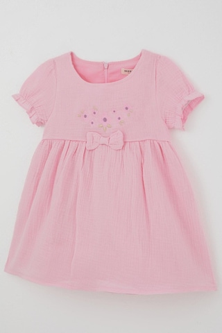Breeze Kız Çocuk Elbise Çiçek Nakışlı Kolları Lastikli Fiyonk Aksesuarlı 1-4 Yaş , Pembe
