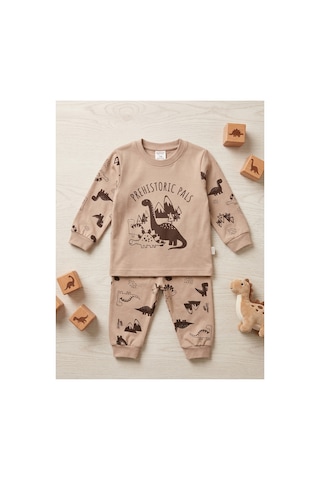 Deniva Kids Erkek Bebek Kahve Dinozor Baskılı %100 Pamuklu Uzun Kollu Alt Üst Eşofman / Pijama Takımı - 2 - 3 Yaş Kahverengi